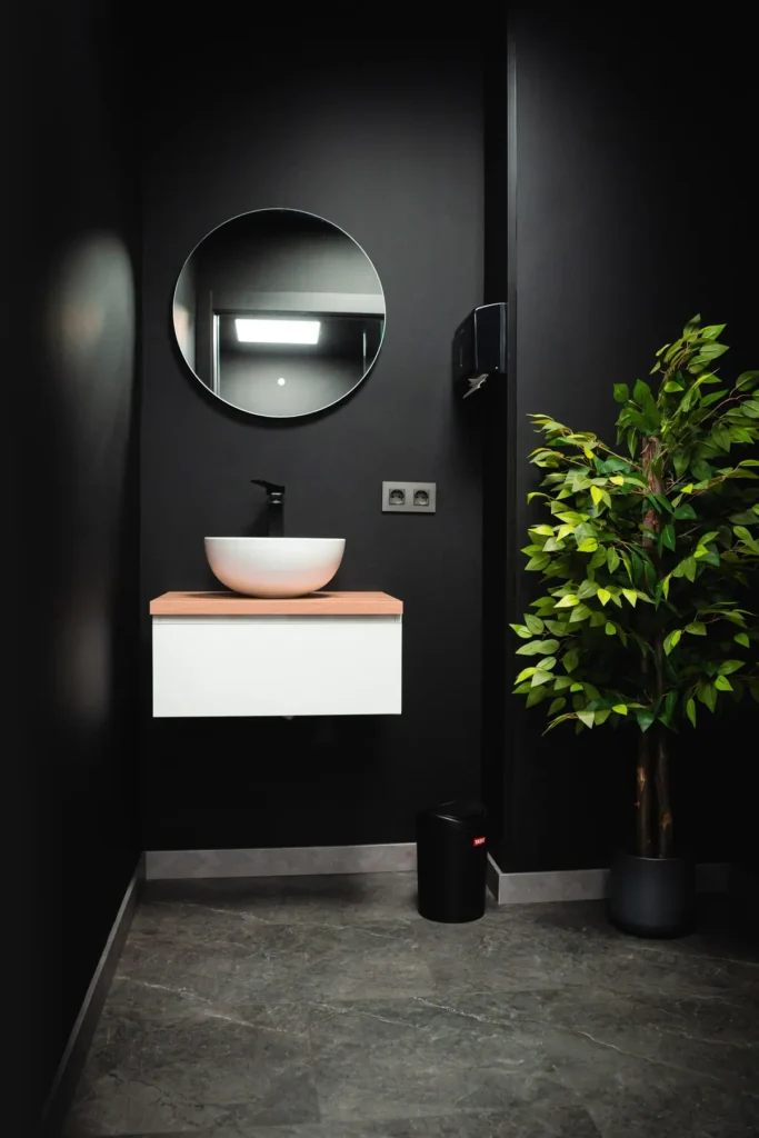 Aseo: espejo redondo, lavabo sobre mueble volado y planta junto a la pared negra